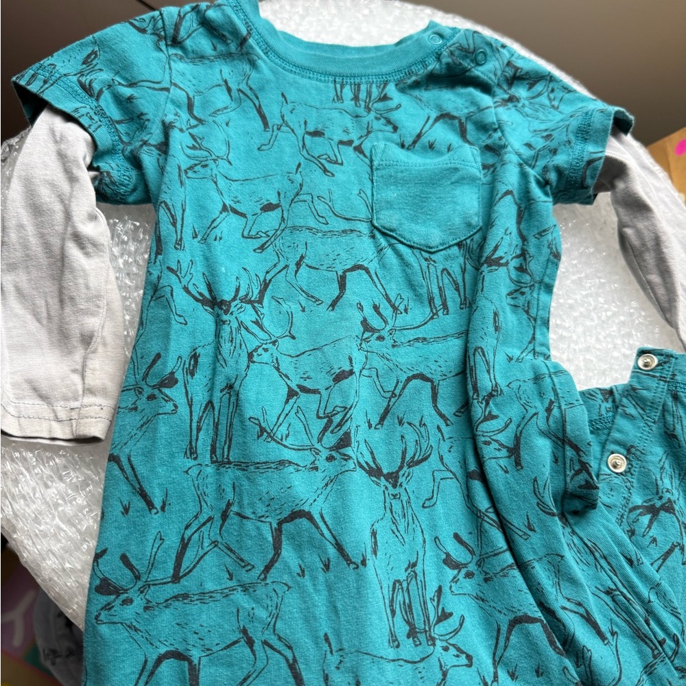 9-12 mo EUC Teal Long Sleeve Deer Print Tea Collection union suit long john suit
